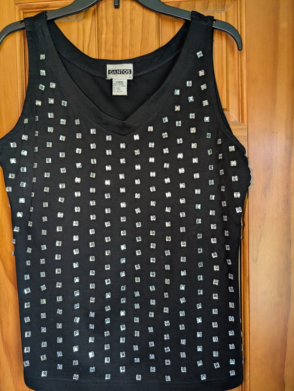 Vintage GANTOS Glam Black Studded Metallic V-Neck Tank Top Size L